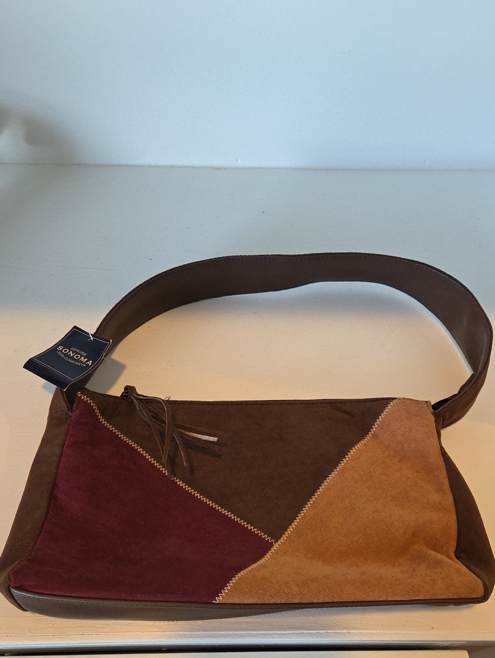 Vintage Sonoma Colorblock Suede Shoulder Bag in Brown, Burgundy and Tan